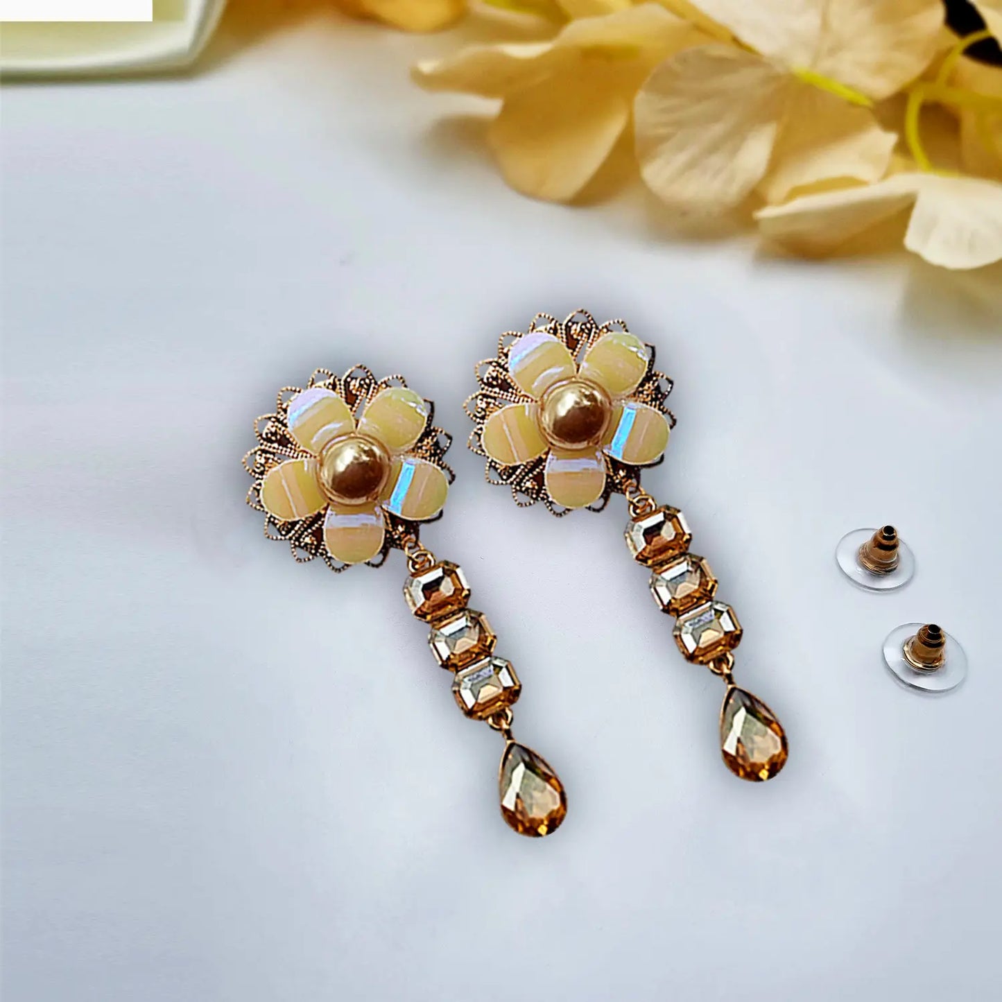 "Gilded Opulence: Red Rhinestone and Pearl Drop Earrings" Attractive Sister