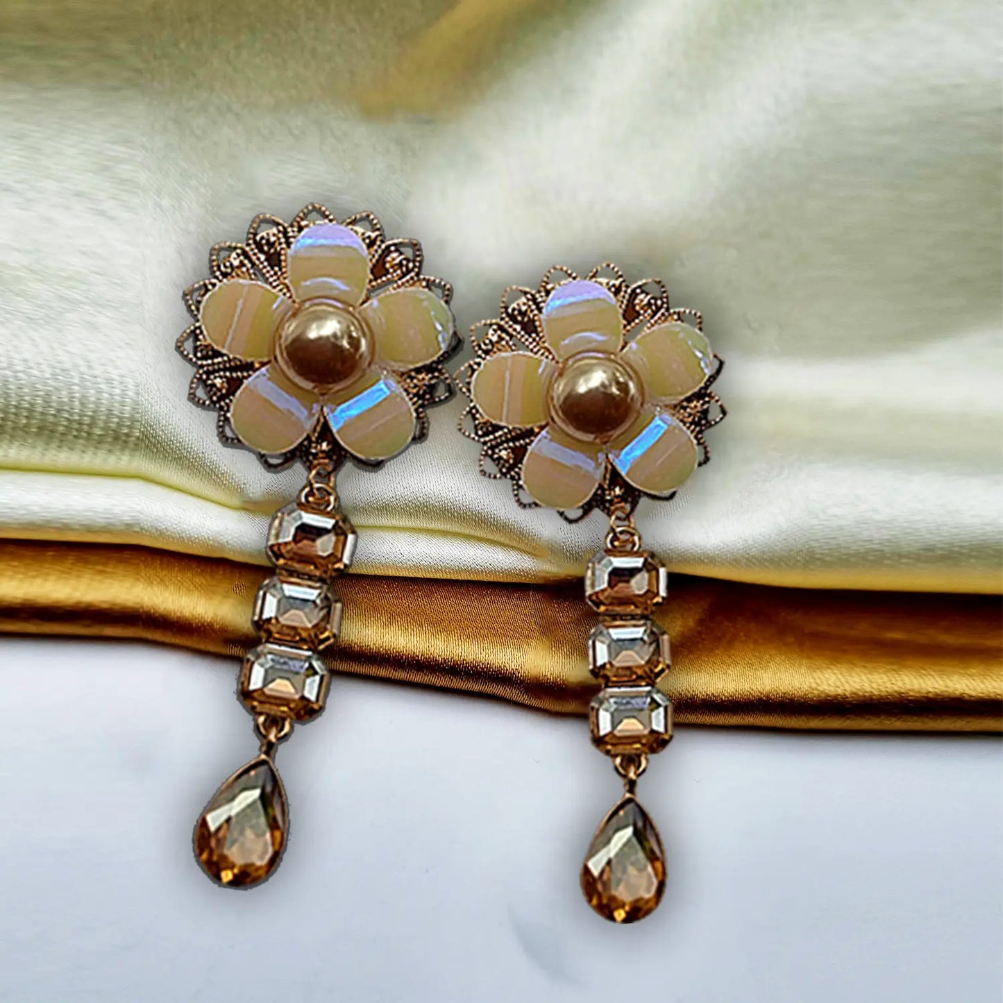 "Gilded Opulence: Red Rhinestone and Pearl Drop Earrings" Attractive Sister