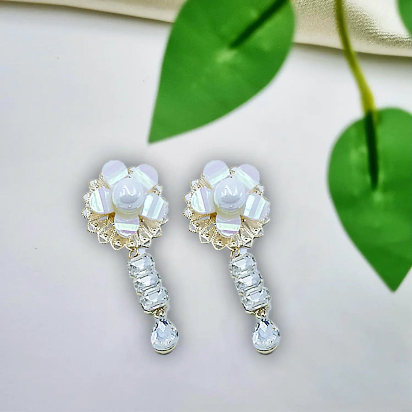 "Gilded Opulence: Red Rhinestone and Pearl Drop Earrings" Attractive Sister