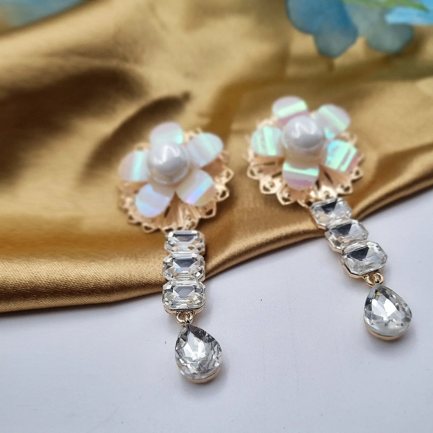 "Gilded Opulence: Red Rhinestone and Pearl Drop Earrings" Attractive Sister