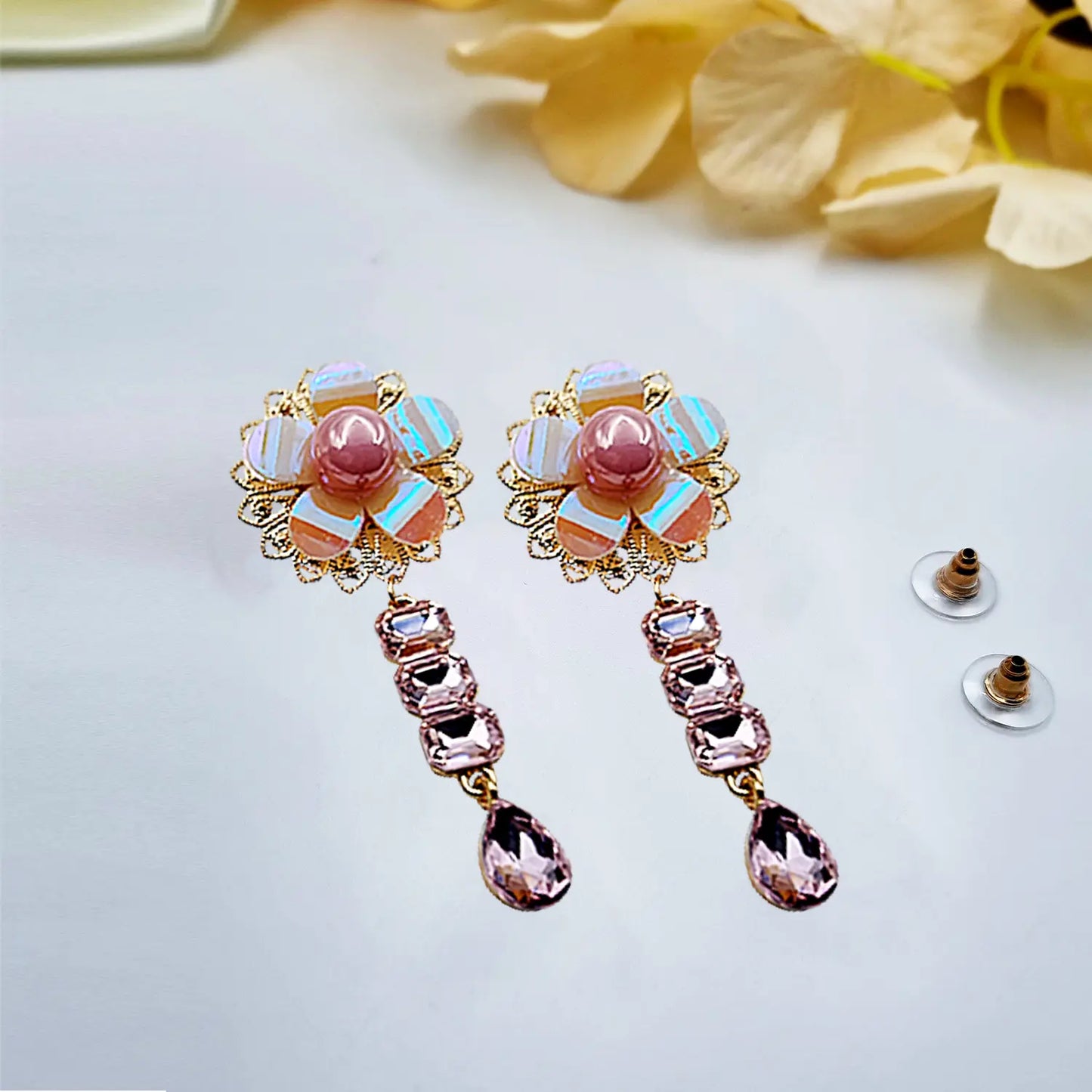 "Gilded Opulence: Red Rhinestone and Pearl Drop Earrings" Attractive Sister
