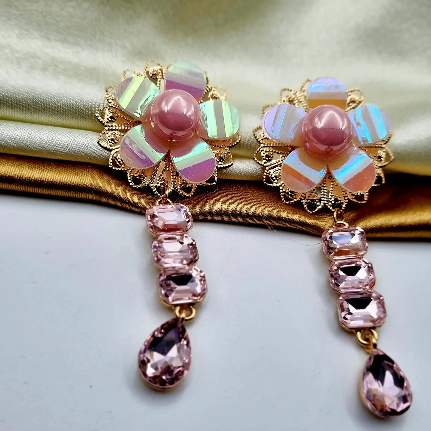 "Gilded Opulence: Red Rhinestone and Pearl Drop Earrings" Attractive Sister