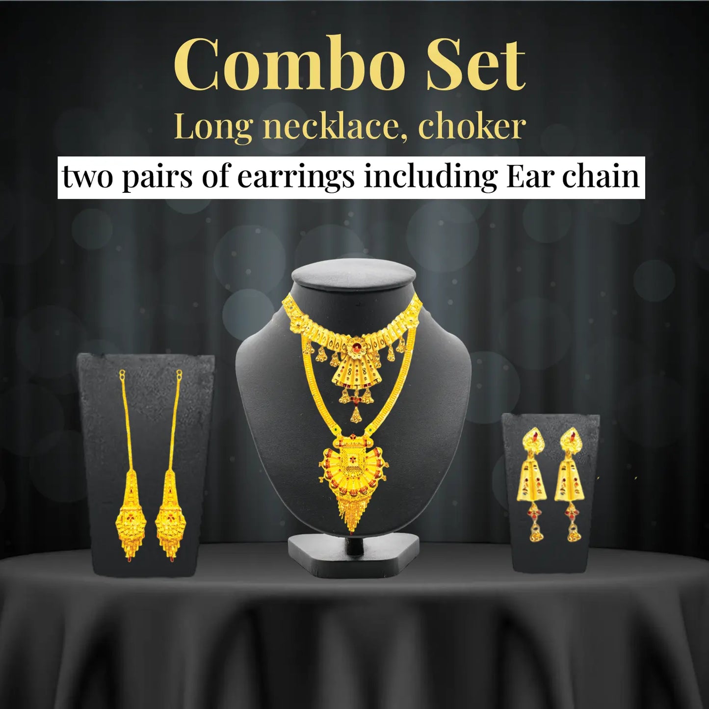 Trendy Gold-Plated Necklace Combo Set with Choker, Long Necklace, and Earrings Attractive Sister