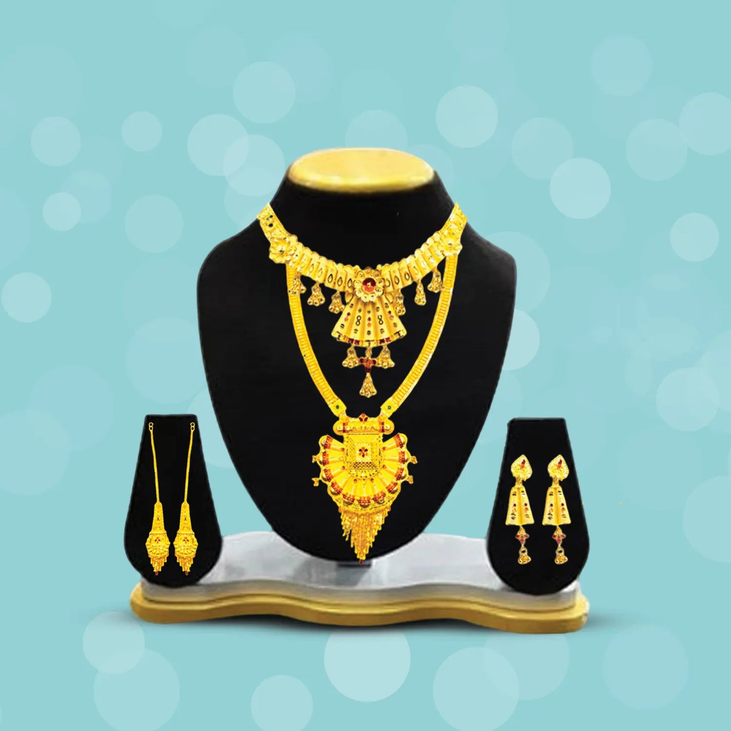 Trendy Gold-Plated Necklace Combo Set with Choker, Long Necklace, and Earrings Attractive Sister