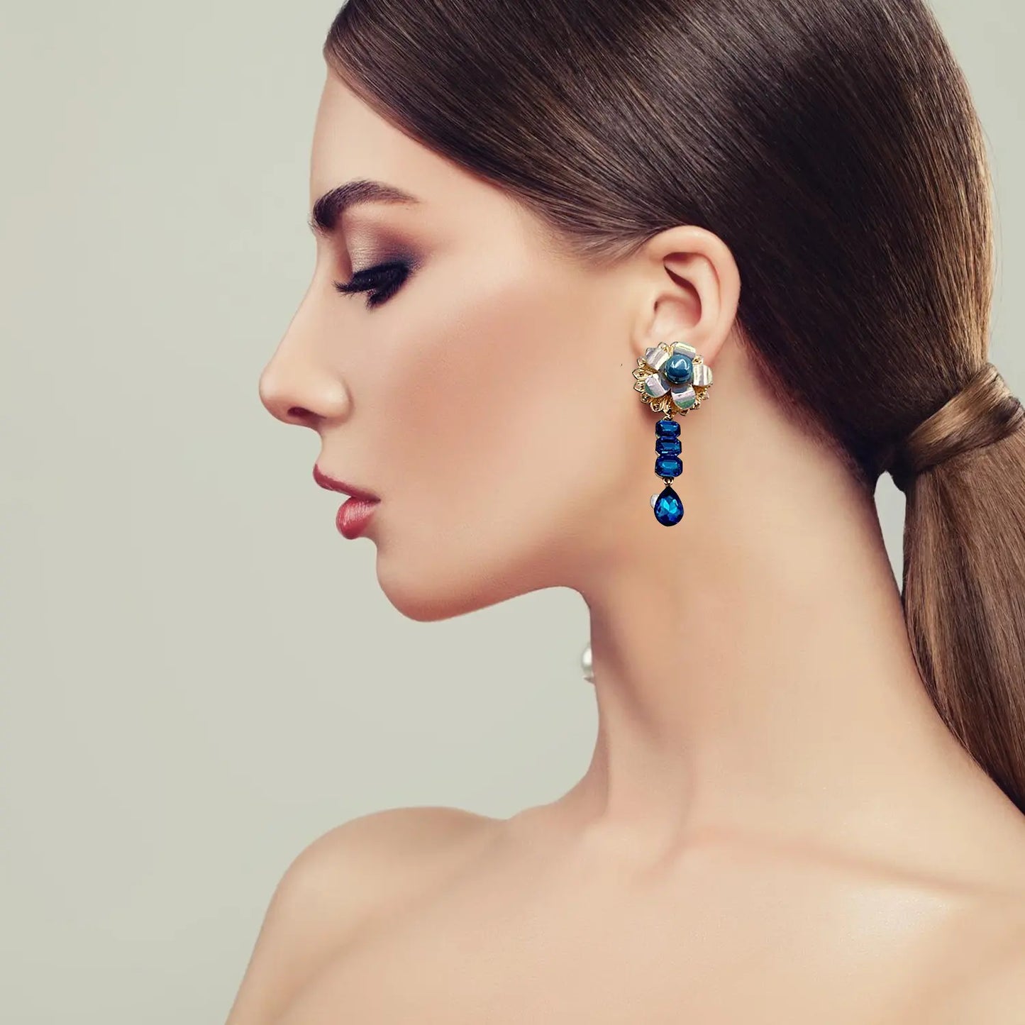 "Gilded Opulence: Red Rhinestone and Pearl Drop Earrings" Attractive Sister