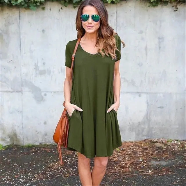 Summer T Shirt Dress Sexy V Neck Elegant Office Dress Women Casual Short Sleeve Mini Beach Dress Sundress Vestidos eprolo