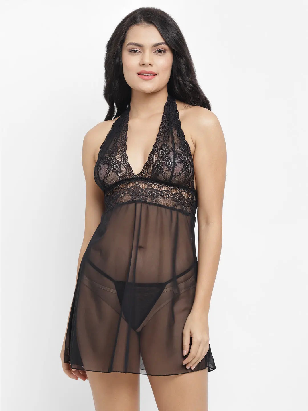 Sheer Luxury: Women's Sexy Deep Neck Babydoll Nighty with G-String Panty - Soft Nylon Lace Attractive Sister