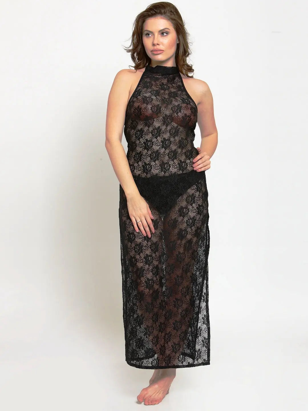 Women Deep Neck Rose Lace Bridal Nightgown Nightwear with G-String Attractive Sister