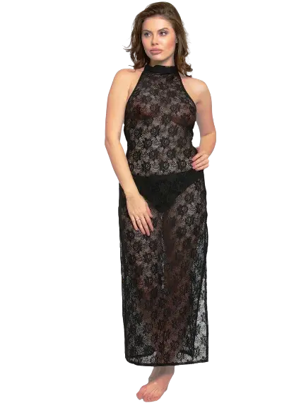 Women See-Thru Side Slit Lace Gown Night Dress with G-String Attractive Sister