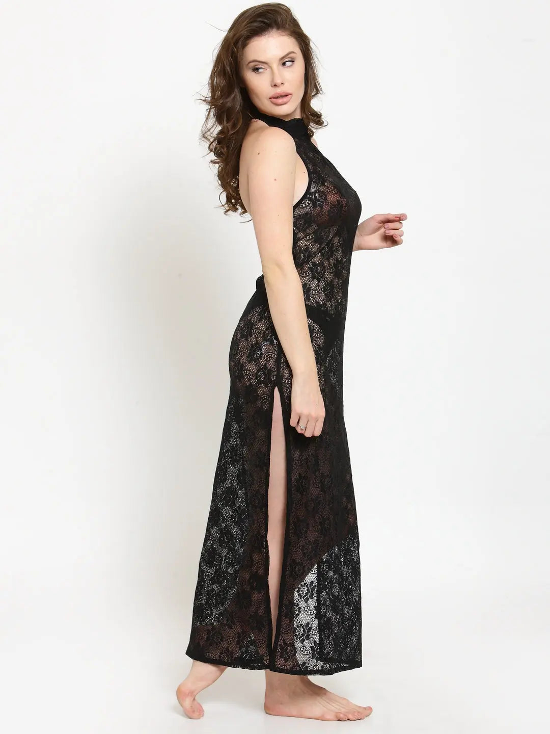 Women Deep Neck Rose Lace Bridal Nightgown Nightwear with G-String Attractive Sister