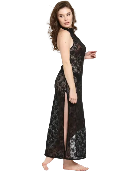 Women See-Thru Side Slit Lace Gown Night Dress with G-String Attractive Sister