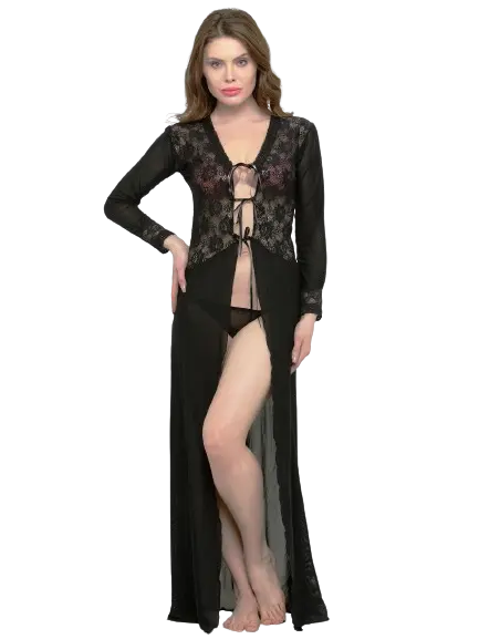 Women Deep Neck Black Lace Bridal Nightgown Nightwear with G-String Attractive Sister