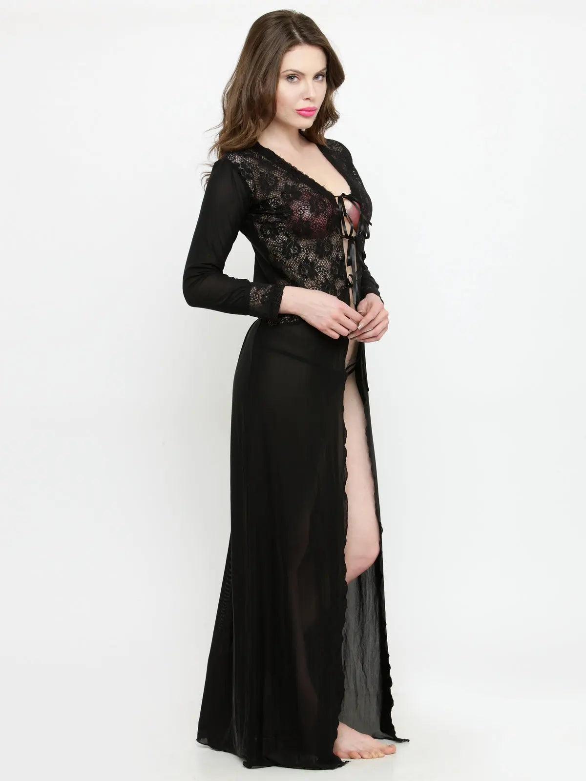 Relaxed Fit Nylon Elastane Anke Length Nighty - Black Attractive Sister