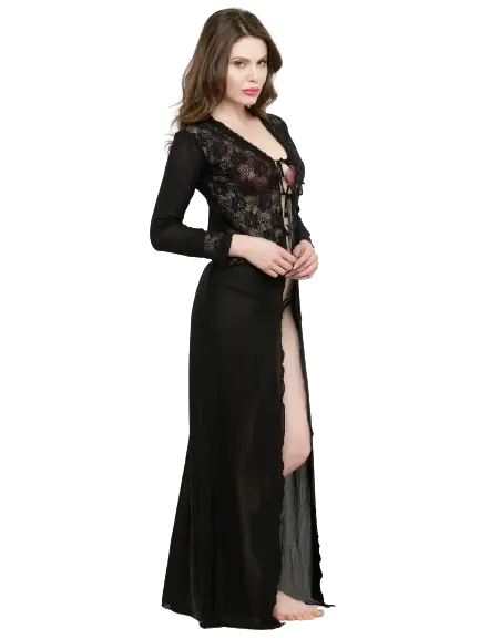 Women Deep Neck Black Lace Bridal Nightgown Nightwear with G-String Attractive Sister