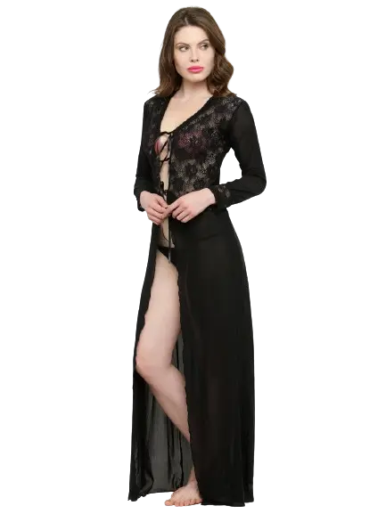 Women Deep Neck Black Lace Bridal Nightgown Nightwear with G-String Attractive Sister