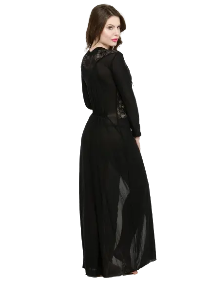 Women Deep Neck Black Lace Bridal Nightgown Nightwear with G-String Attractive Sister