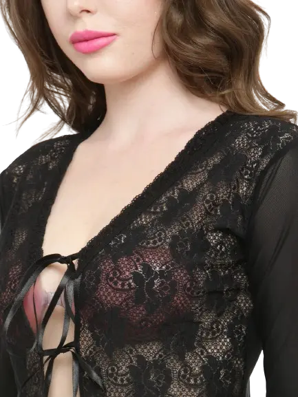 Women Deep Neck Black Lace Bridal Nightgown Nightwear with G-String Attractive Sister