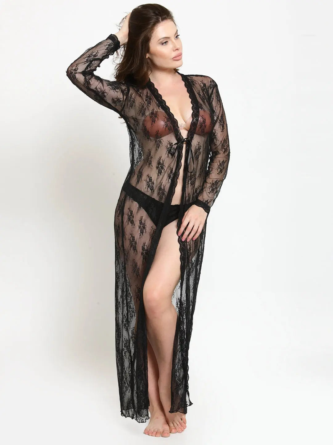 Women Open Front Long Sleeves Floral Sheer Full Length Bridal Night Robe Attractive Sister