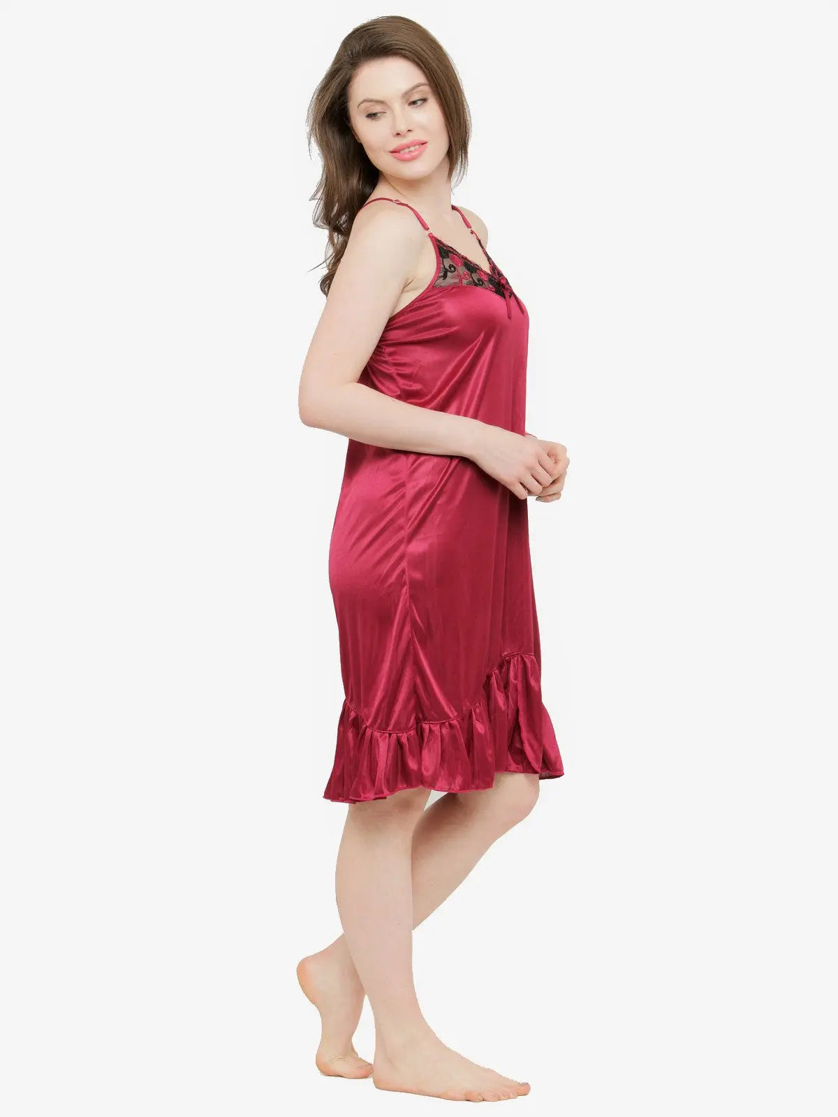 Women's Satin Lace Deep Neck Ruffle Edge Nighty Night Dress Nightwear_Maroon Attractive Sister