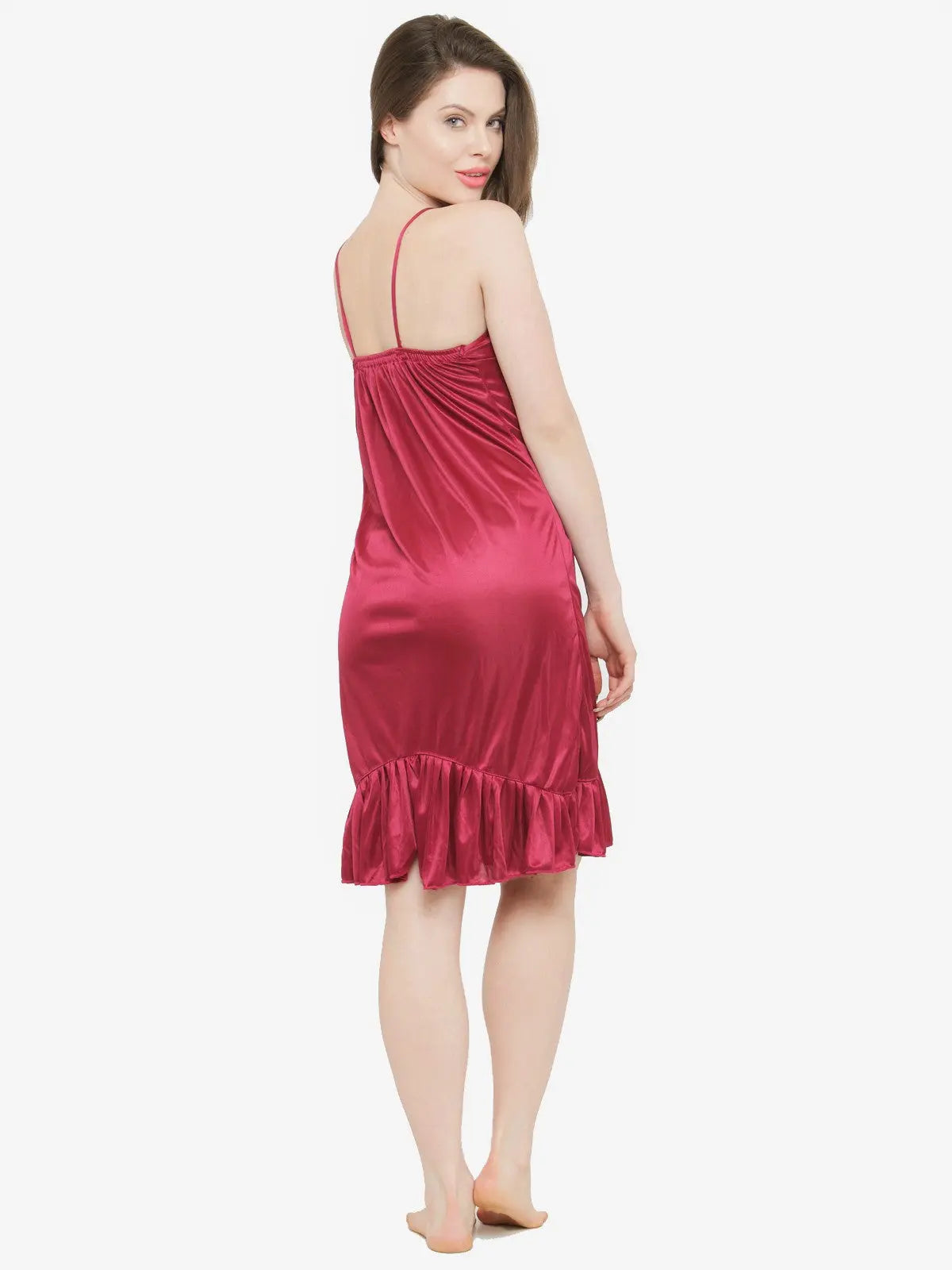 Women's Satin Lace Deep Neck Ruffle Edge Nighty Night Dress Nightwear_Maroon Attractive Sister