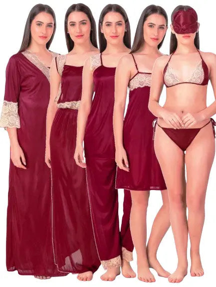 8-Piece Maroon Satin Nightwear Set for Women Attractive Sister