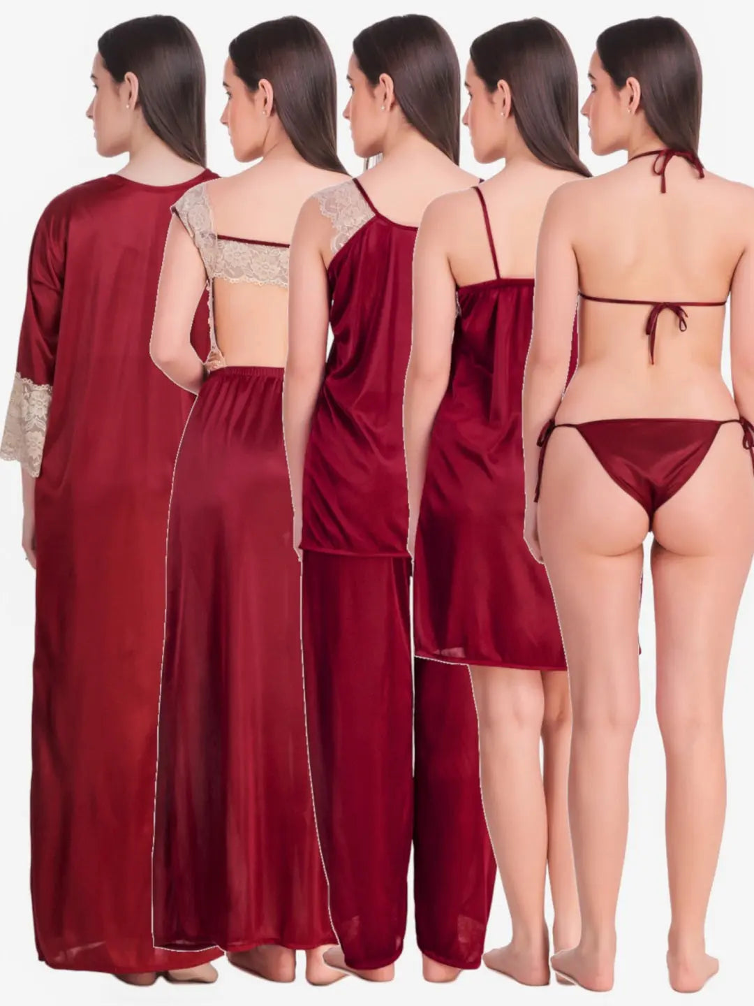 8-Piece Maroon Satin Nightwear Set for Women Attractive Sister