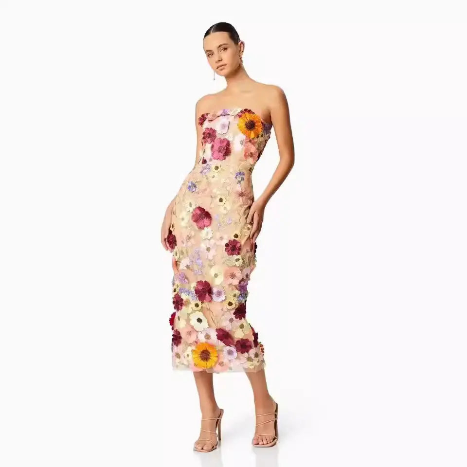 European And American Sexy Sleeveless Color Three-dimensional Flower Embroidered Slim Hip Tube Top Dress CJ