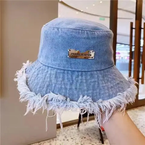 Jean Fisherman Hat Women's Spring And Summer Thin Washed Old Frayed Edge Bucket Hat Outdoor CJ