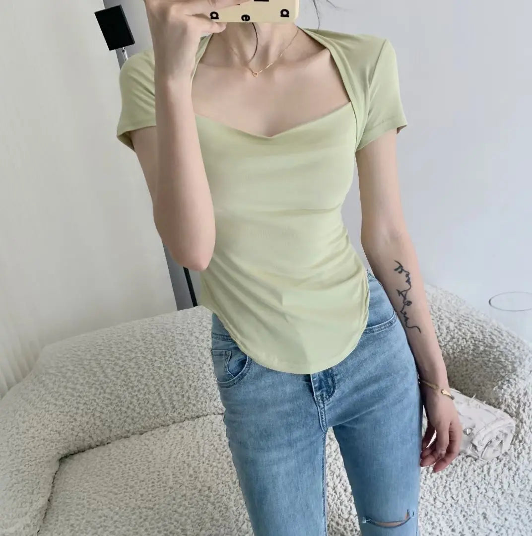 Square Collar Short Sleeve Women's Top Bottoming Shirt CJ