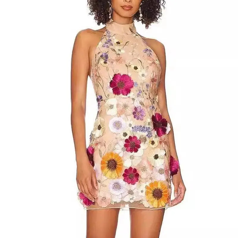 European And American Embroidery Three-dimensional Flower Halter Slim Fit Dress CJ