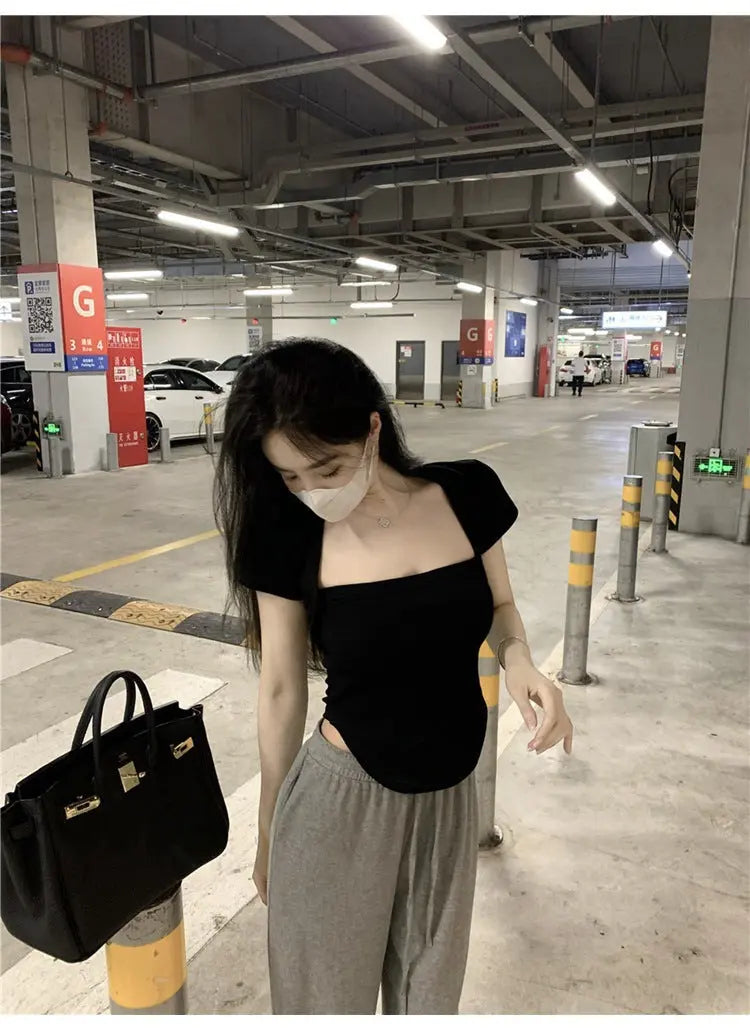 Square Collar Short Sleeve Women's Top Bottoming Shirt CJ