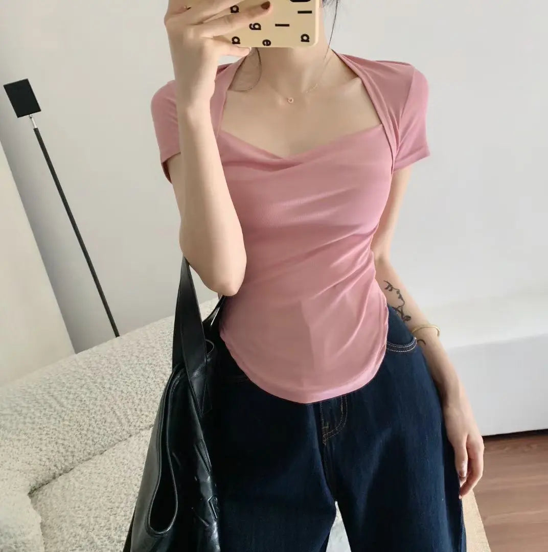 Square Collar Short Sleeve Women's Top Bottoming Shirt CJ