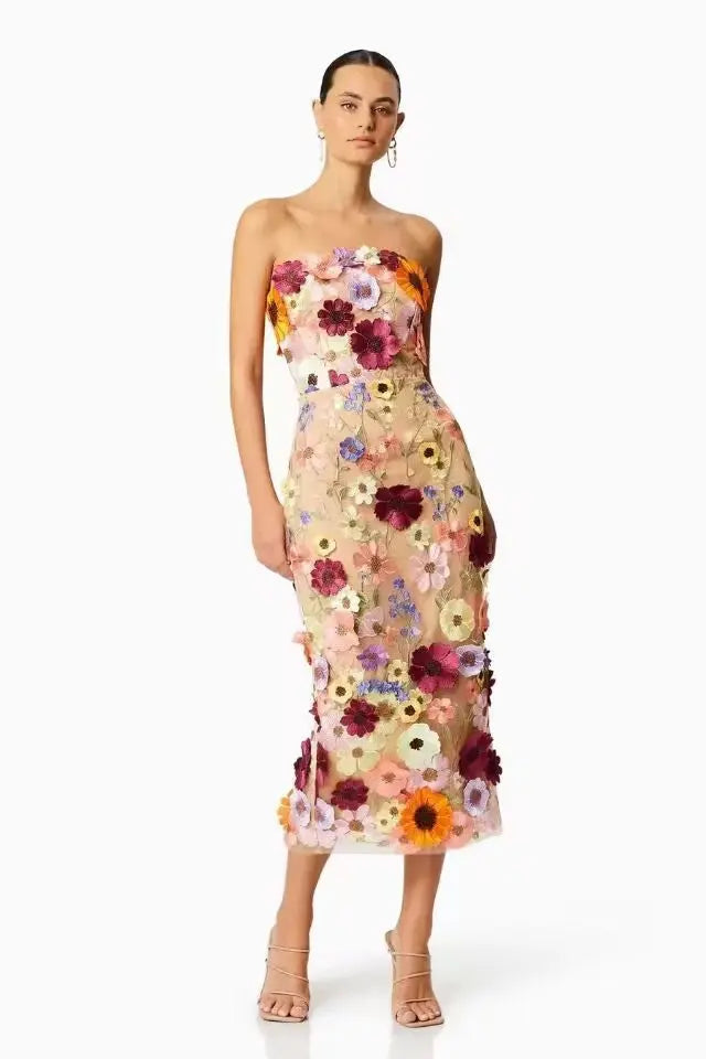 European And American Sexy Sleeveless Color Three-dimensional Flower Embroidered Slim Hip Tube Top Dress CJ