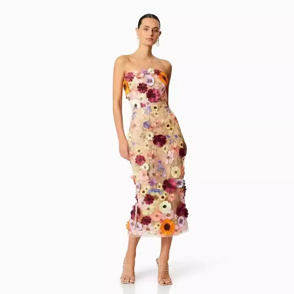 European And American Sexy Sleeveless Color Three-dimensional Flower Embroidered Slim Hip Tube Top Dress CJ