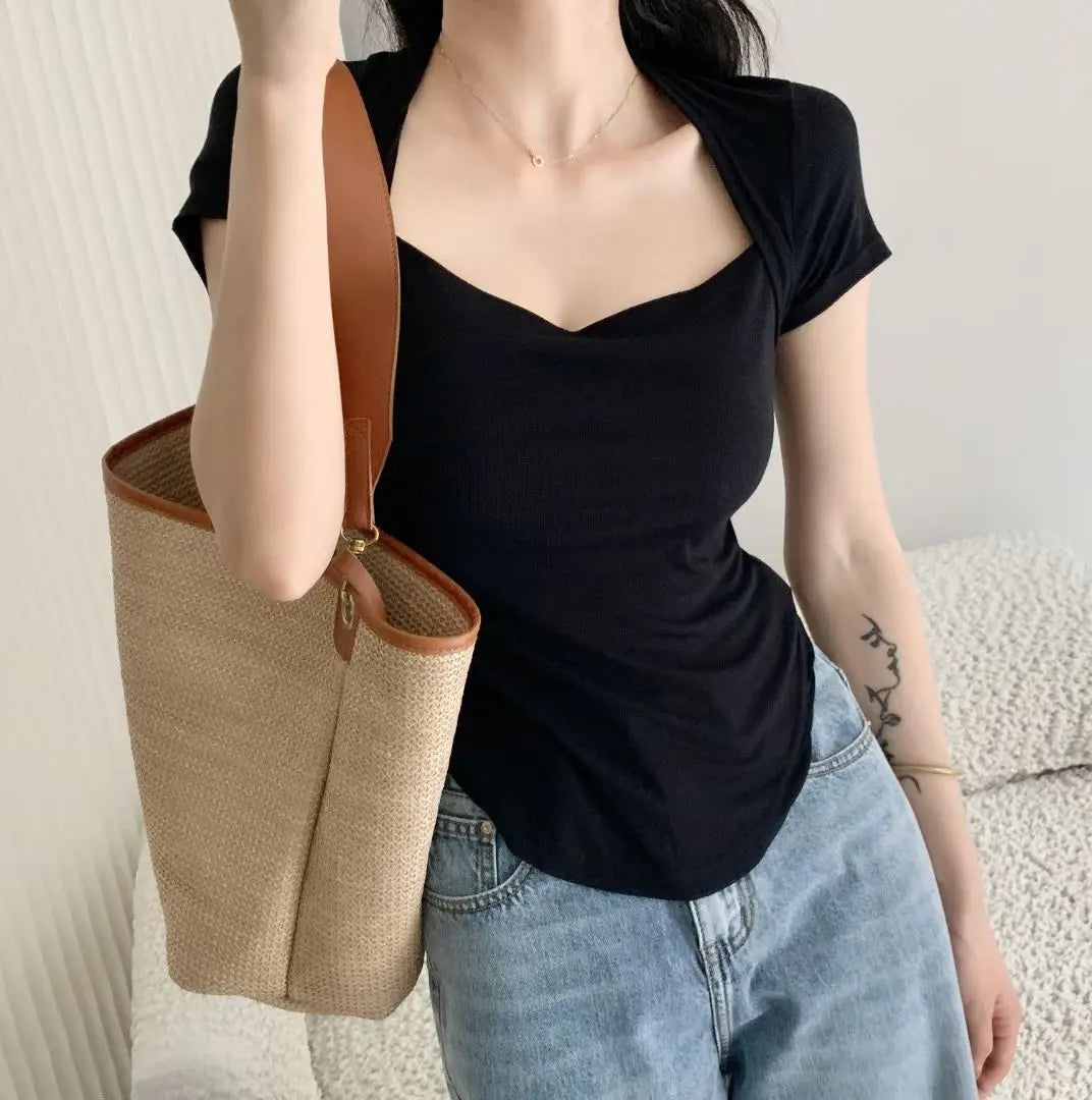 Square Collar Short Sleeve Women's Top Bottoming Shirt CJ