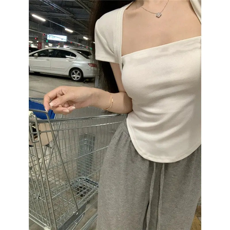 Square Collar Short Sleeve Women's Top Bottoming Shirt CJ