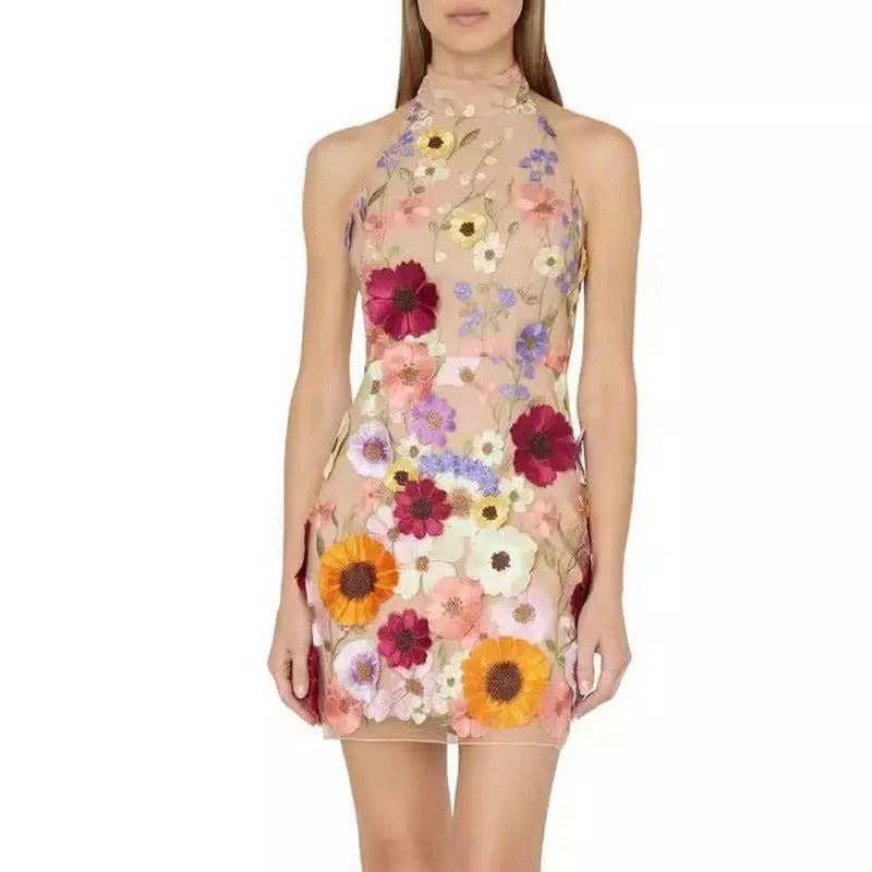 European And American Embroidery Three-dimensional Flower Halter Slim Fit Dress CJ