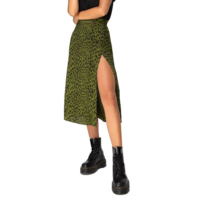 European And American Leopard Print Long Skirt High Waist Slit Hip Skirt CJ