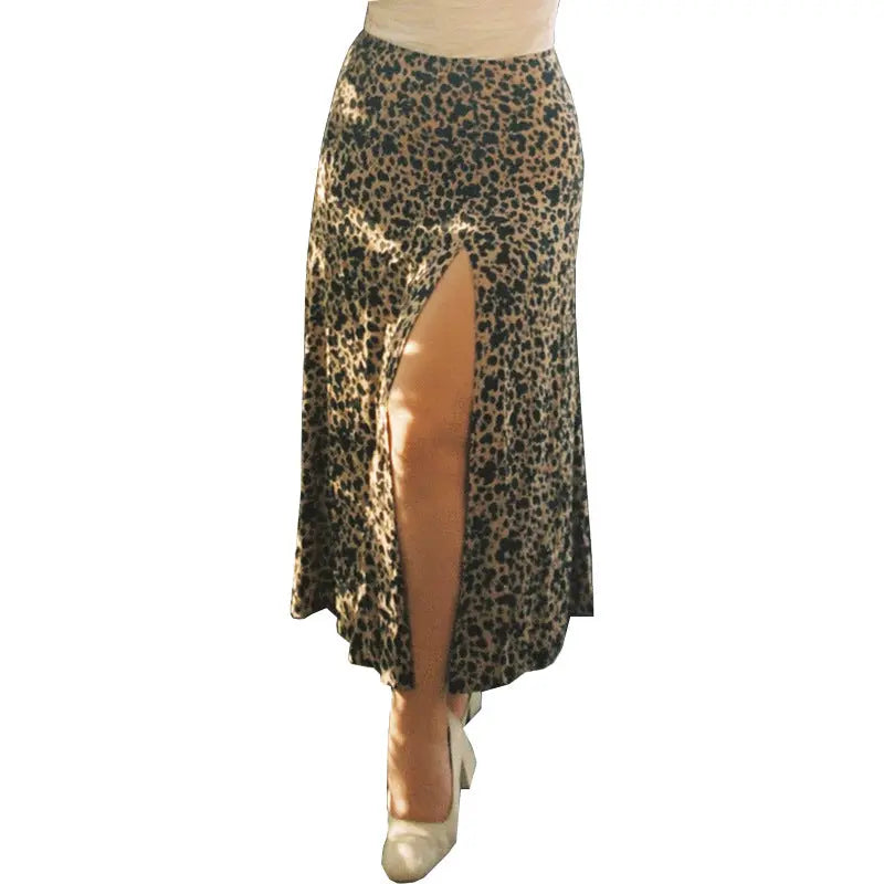 European And American Leopard Print Long Skirt High Waist Slit Hip Skirt CJ