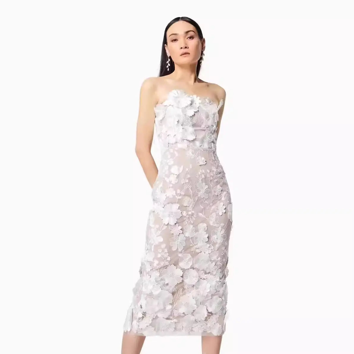 European And American Sexy Sleeveless Color Three-dimensional Flower Embroidered Slim Hip Tube Top Dress CJ