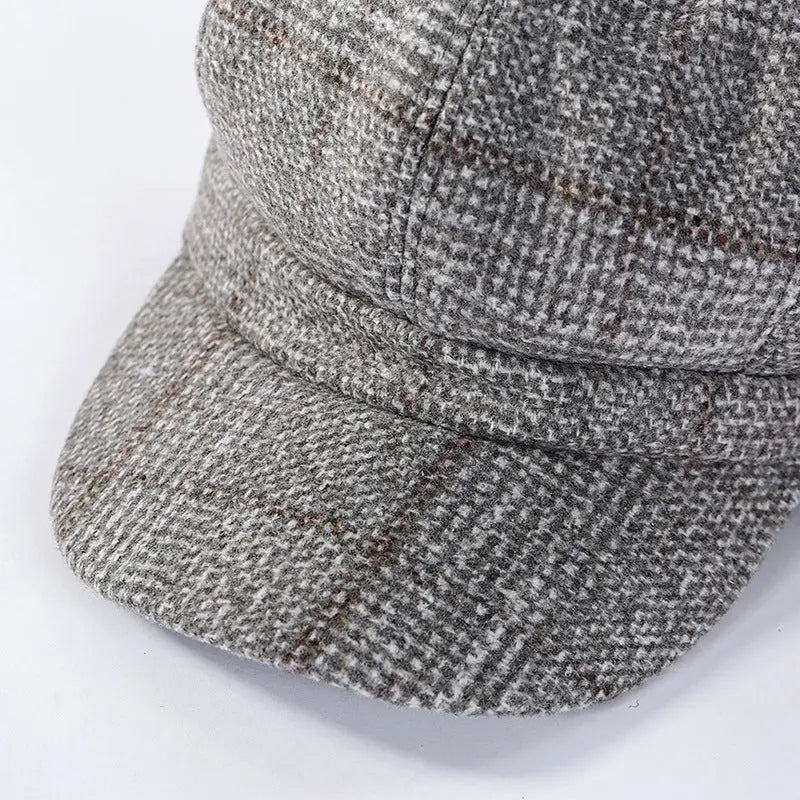 Thickened Plaid Woolen Octagonal Cap Women CJ
