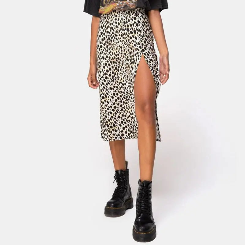 European And American Leopard Print Long Skirt High Waist Slit Hip Skirt CJ