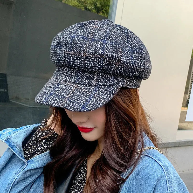 Thickened Plaid Woolen Octagonal Cap Women CJ