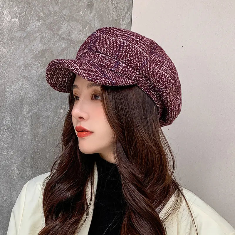 Thickened Plaid Woolen Octagonal Cap Women CJ