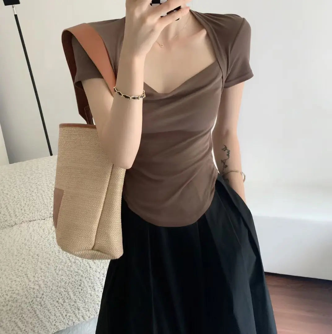 Square Collar Short Sleeve Women's Top Bottoming Shirt CJ