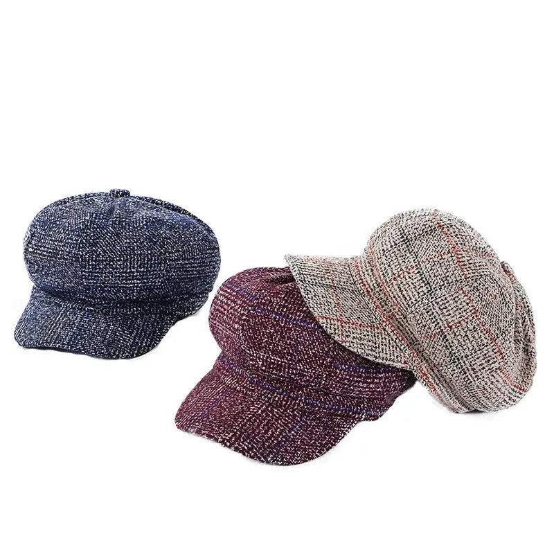 Thickened Plaid Woolen Octagonal Cap Women CJ