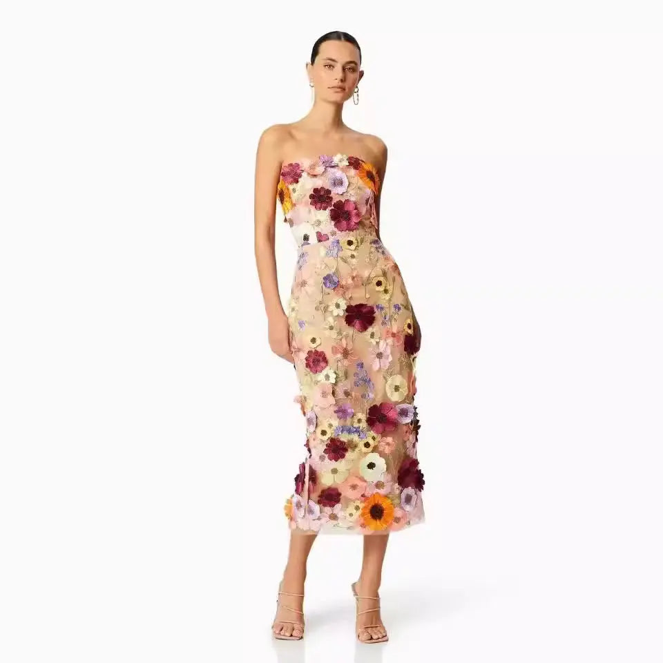 European And American Sexy Sleeveless Color Three-dimensional Flower Embroidered Slim Hip Tube Top Dress CJ