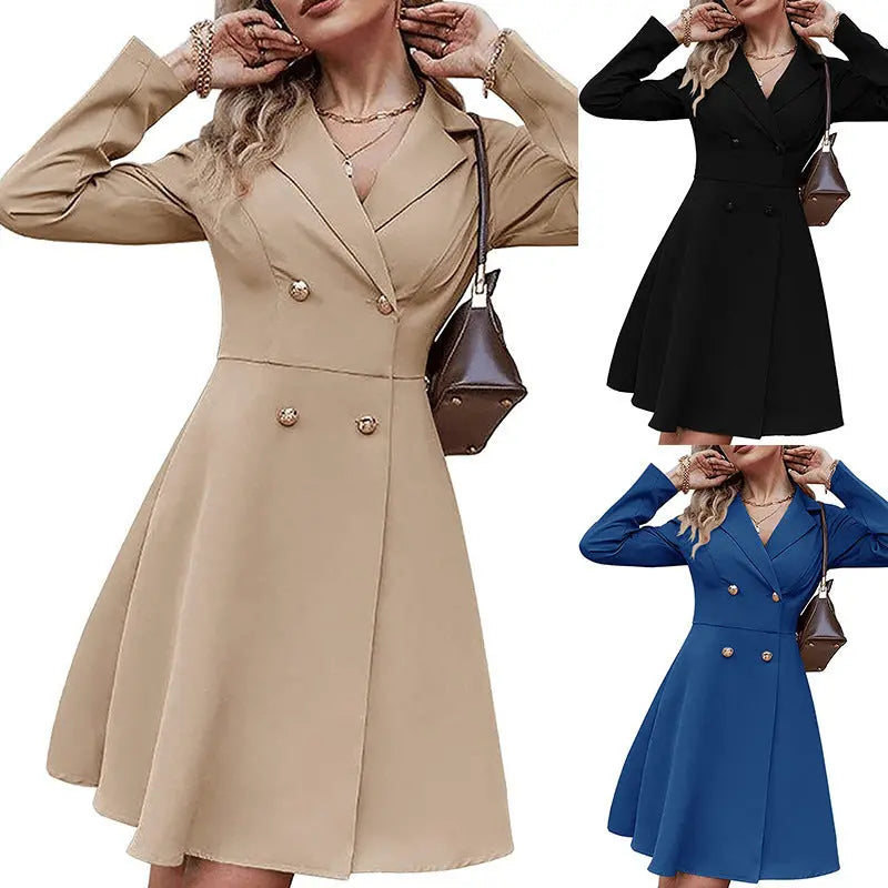 Solid Color Double Breasted Long Sleeve Trench Coat Fashion Slim Coat CJ