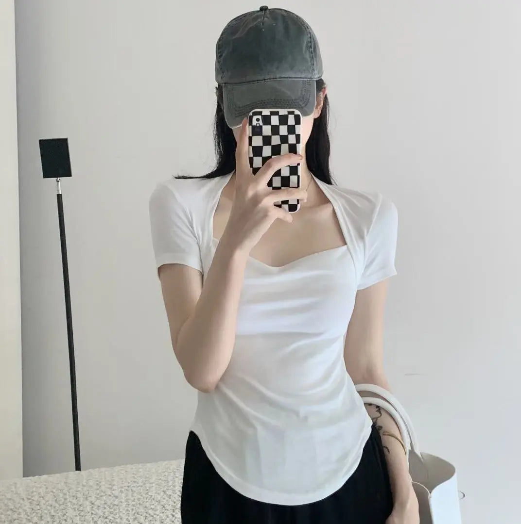 Square Collar Short Sleeve Women's Top Bottoming Shirt CJ