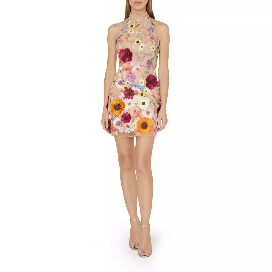 European And American Embroidery Three-dimensional Flower Halter Slim Fit Dress CJ
